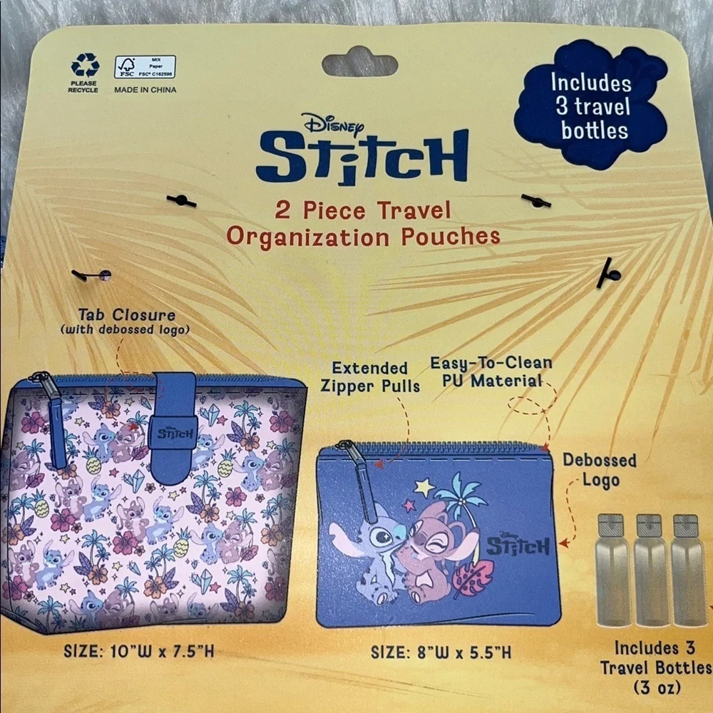 🆕Disney Lilo and Stitch 2 Piece Travel Organization Pouches and 3 Travel Bottles